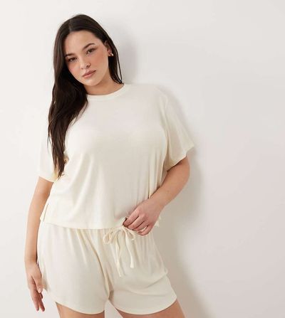 ASOS Curve ASOS DESIGN Curve mix & match ribbed pajama flippy shorts in ivory-White