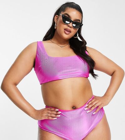 ASOS Curve ASOS DESIGN Curve mix and match mirror satin rib crop bikini top in bright pink