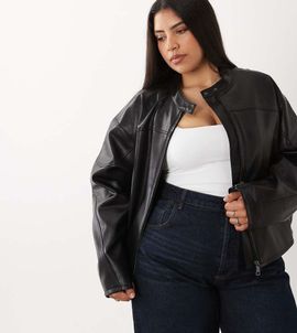 ASOS Curve ASOS DESIGN Curve motorsport leather look moto jacket in black