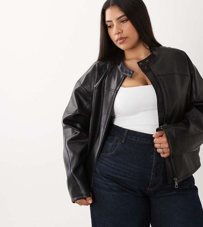 ASOS Curve ASOS DESIGN Curve motorsport leather look moto jacket in black
