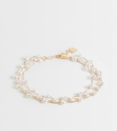 ASOS Curve ASOS DESIGN Curve multi-row dainty bracelet with faux pearls in gold tone-Silver
