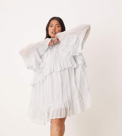 ASOS Curve ASOS DESIGN Curve neck ruffled mini dress in blue