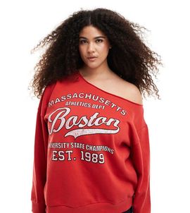 ASOS Curve ASOS DESIGN Curve off shoulder sweatshirt with Boston graphic in red