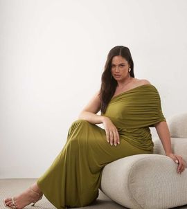 ASOS Curve ASOS DESIGN Curve off the shoulder wrap bodice detailing maxi dress with train in khaki green