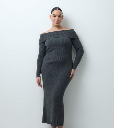 ASOS Curve ASOS DESIGN Curve open back off the shoulder knit midaxi dress in charcoal-Gray