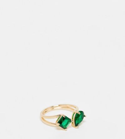 ASOS Curve ASOS DESIGN Curve open ring with split band and emerald stone in gold tone