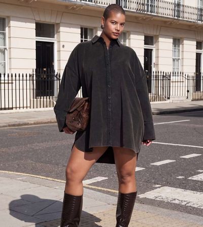 ASOS Curve ASOS DESIGN Curve oversized cord shirt mini dress in washed black