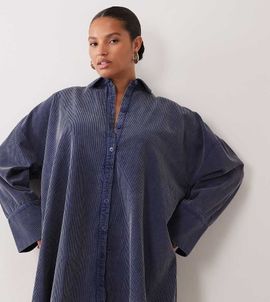 ASOS Curve ASOS DESIGN Curve oversized corduroy mini shirt dress in washed denim blue