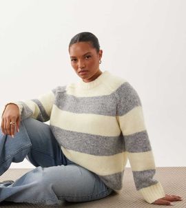 ASOS Curve ASOS DESIGN Curve oversized fluffy sweater in buttermilk and gray-Yellow