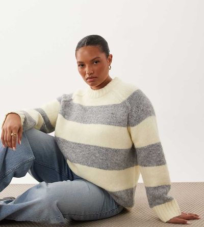 ASOS Curve ASOS DESIGN Curve oversized fluffy sweater in buttermilk and gray-Yellow