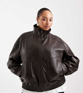 ASOS Curve ASOS DESIGN Curve oversized leather look funnel neck bomber jacket in chocolate-Brown