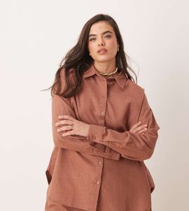 ASOS Curve ASOS DESIGN Curve oversized linen look shirt in mocha - part of a set-Brown
