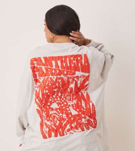 ASOS Curve ASOS DESIGN Curve oversized long sleeve skater tee with leopard floral graphic in heathered ice-Gray