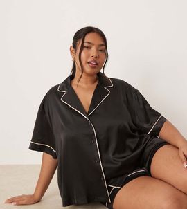 ASOS Curve ASOS DESIGN Curve oversized satin short sleeve shirt and shorts pajama set in black