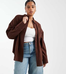 ASOS Curve ASOS DESIGN Curve oversized shirt with linen in brown