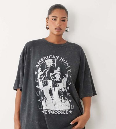 ASOS Curve ASOS DESIGN CURVE Oversized t-shirt with American honey western graphic in washed charcoal-Multi