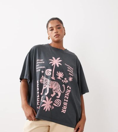 ASOS Curve ASOS DESIGN Curve oversized t-shirt with Tanzania tiger graphic in washed charcoal-Multi