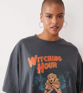 ASOS Curve ASOS DESIGN Curve Oversized T-shirt with witching hour graphic in washed charcoal-Gray