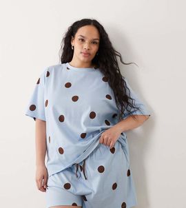 ASOS Curve ASOS DESIGN Curve oversized tee and short pajama set in blue & chocolate polka dot