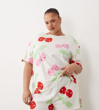 ASOS Curve ASOS DESIGN Curve oversized tee and shorts pajama set with cherry print in red & pink-White