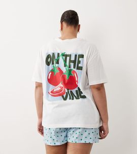 ASOS Curve ASOS DESIGN Curve oversized tee and shorts pajama set with tomato graphic in blue-White