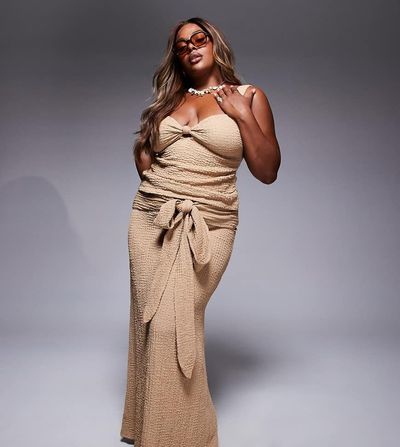 ASOS Curve ASOS DESIGN Curve Ozzy textured knot front maxi beach skirt in beige-Neutral
