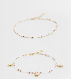 ASOS Curve ASOS DESIGN Curve pack of 2 beaded anklets with sun charms in pink and gold tone