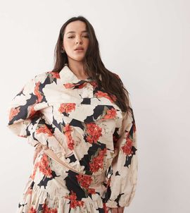 ASOS Curve ASOS DESIGN Curve patch pocket funnel neck jacket in red floral - part of a set-Multi