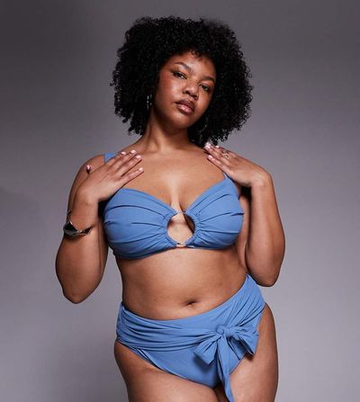 ASOS Curve ASOS DESIGN Curve Penelope pleat high waist bikini bottom with front tie in slate blue