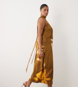 ASOS Curve ASOS DESIGN Curve performance fabric scoop neck midaxi dress with scarf in ocher abstract print-Multi