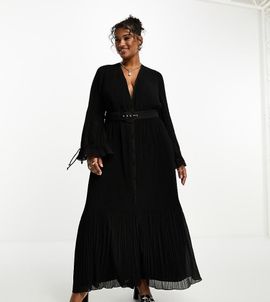 ASOS Curve ASOS DESIGN Curve pleated blouson sleeve midi dress with belt detail in black-Blue