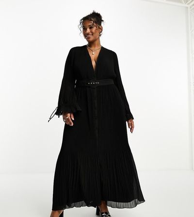 ASOS Curve ASOS DESIGN Curve pleated blouson sleeve midi dress with belt detail in black-Blue