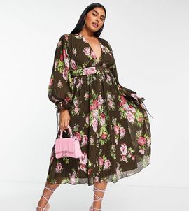 ASOS Curve ASOS DESIGN Curve pleated blouson sleeve midi dress with belt detail in floral print-Multi