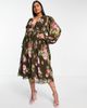 ASOS Curve ASOS DESIGN Curve pleated blouson sleeve midi dress with belt detail in floral print-Multi - 4