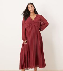ASOS Curve ASOS DESIGN Curve pleated bodice plunge neck midi dress in burgundy-Orange