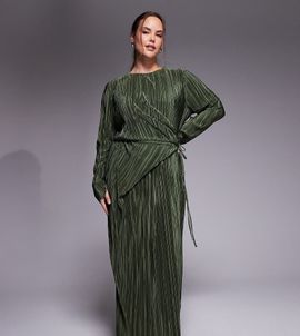 ASOS Curve ASOS DESIGN Curve plissé long sleeve wrap tie waist maxi dress in khaki green