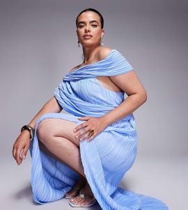 ASOS Curve ASOS DESIGN Curve plisse drape shoulder maxi dress with wrap skirt in pastel blue