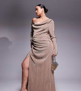 ASOS Curve ASOS DESIGN Curve plisse fallen shoulder maxi dress with ruching in camel-Neutral