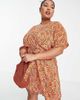 ASOS Curve ASOS DESIGN Curve plisse short sleeve wrap style mini dress in orange ditsy floral-Multi - 3