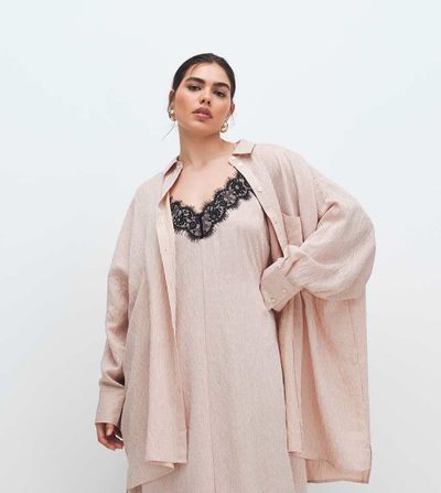 ASOS Curve ASOS DESIGN Curve poplin oversized shirt dress in pink stripe - part of a set-Multi