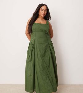 ASOS Curve ASOS DESIGN Curve prairie square neck maxi sundress with dropped waist in forest green