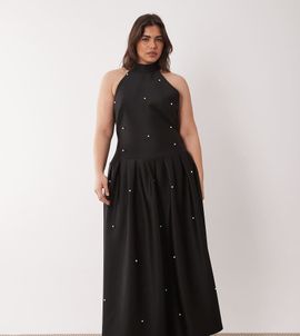 ASOS Curve ASOS DESIGN Curve Premium faux pearl embellished maxi dress with scarf detail in black scuba-style fabric