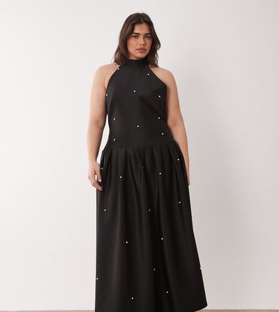 ASOS Curve ASOS DESIGN Curve Premium faux pearl embellished maxi dress with scarf detail in black scuba-style fabric