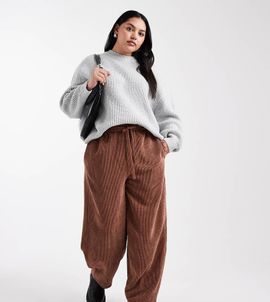 ASOS Curve ASOS DESIGN Curve pull-on barrel leg corduroy pants in chocolate-Brown