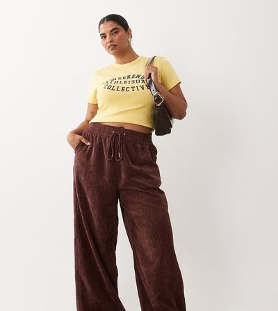 ASOS Curve ASOS DESIGN Curve pull on waist wide leg corduroy pants in chocolate-Brown