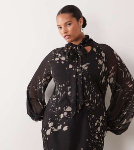 ASOS Curve ASOS DESIGN Curve pussybow maxi dress in abstract splotch print-Multi