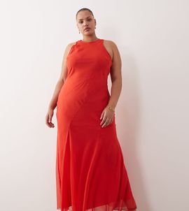 ASOS Curve ASOS DESIGN Curve racer neck bias maxi dress with godet hem in red