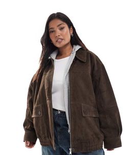 ASOS Curve ASOS DESIGN Curve real suede oversized bomber jacket in dark mocha-Brown