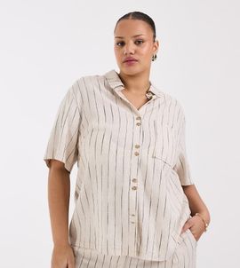 ASOS Curve ASOS DESIGN Curve relaxed linen blend shirt in natural stripe-Neutral