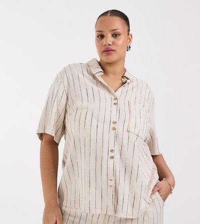 ASOS Curve ASOS DESIGN Curve relaxed linen blend shirt in natural stripe-Neutral
